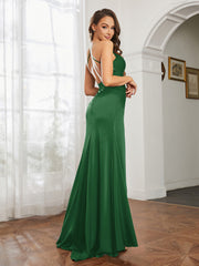 Cowl Neck Sheath Satin Prom Dresses Emerald