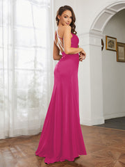 Cowl Neck Sheath Satin Prom Dresses Fuchsia Plus Size
