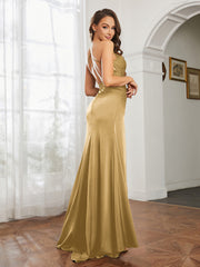 Cowl Neck Sheath Satin Prom Dresses Gold