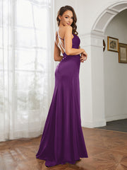 Cowl Neck Sheath Satin Prom Dresses Grape