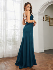 Cowl Neck Sheath Satin Prom Dresses Ink Blue