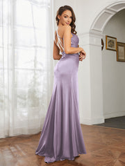Cowl Neck Sheath Satin Prom Dresses Lilac