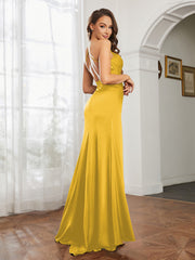 Cowl Neck Sheath Satin Prom Dresses Marigold Plus Size
