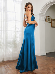 Cowl Neck Sheath Satin Prom Dresses Ocean Blue