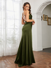 Cowl Neck Sheath Satin Prom Dresses Olive Green