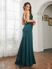 Cowl Neck Sheath Satin Prom Dresses Peacock