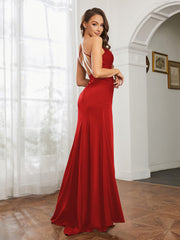 Cowl Neck Sheath Satin Prom Dresses Red