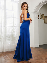 Cowl Neck Sheath Satin Prom Dresses Royal Blue Plus Size