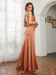 Cowl Neck Sheath Satin Prom Dresses Rust