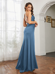 Cowl Neck Sheath Satin Prom Dresses Slate Blue Plus Size