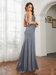 Cowl Neck Sheath Satin Prom Dresses Steel Grey