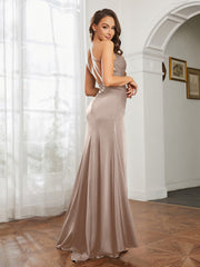 Cowl Neck Sheath Satin Prom Dresses Taupe