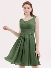 Short Chiffon Bridesmaid Dress with V Neck Olive Green