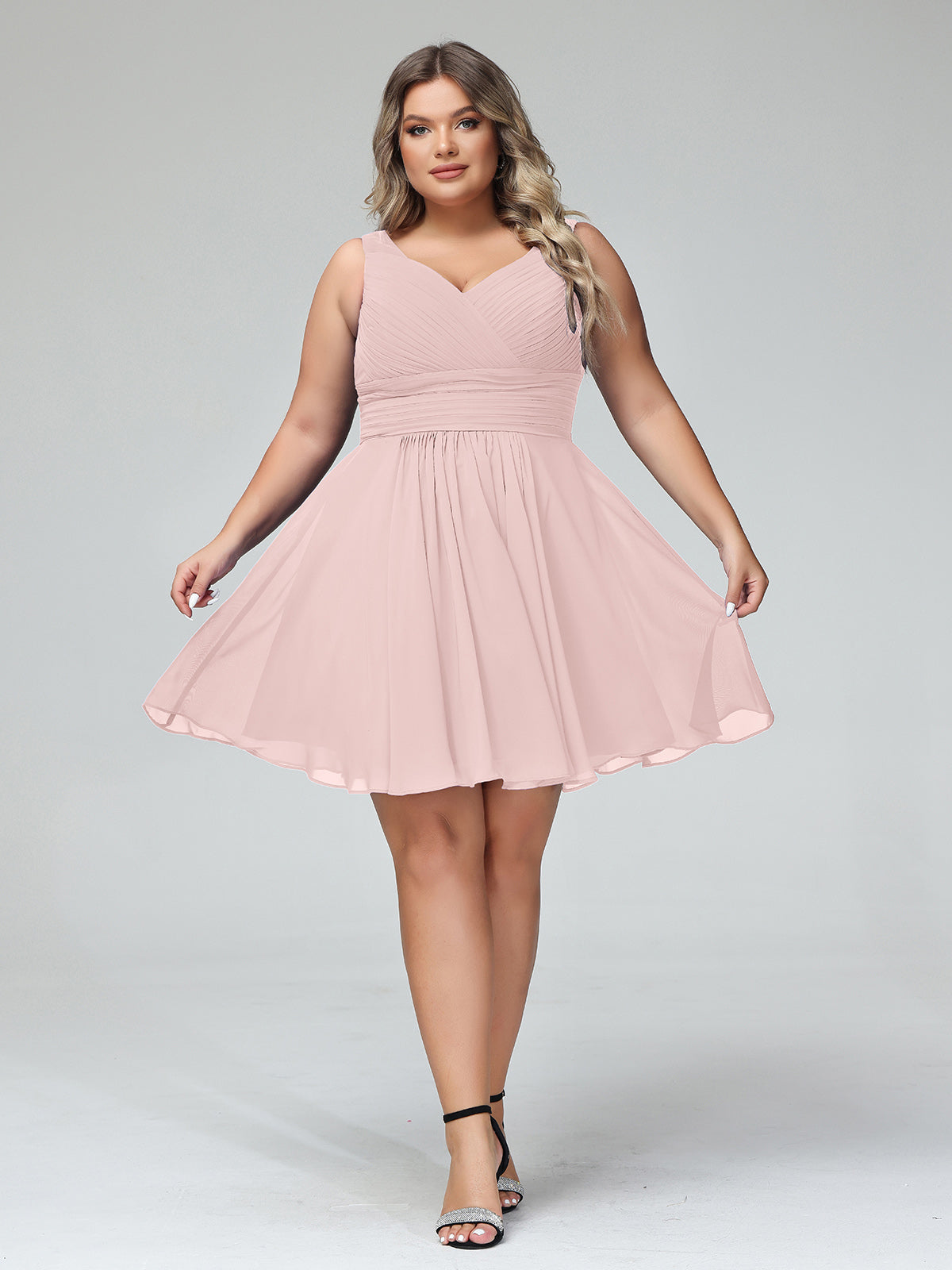 Short Chiffon Bridesmaid Dress with V Neck Dusty Rose Plus Size BABARONI BABARONI UK