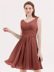 Short Chiffon Bridesmaid Dress with V Neck Terracotta