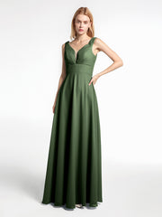 Notch Neck Chiffon Simple Floor Length Dress Olive Green