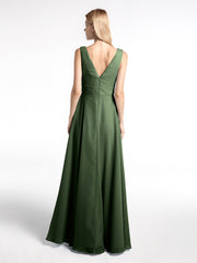 Notch Neck Chiffon Simple Floor Length Dress Olive Green