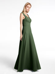 Notch Neck Chiffon Simple Floor Length Dress Olive Green