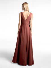 Notch Neck Chiffon Simple Floor Length Dress Terracotta