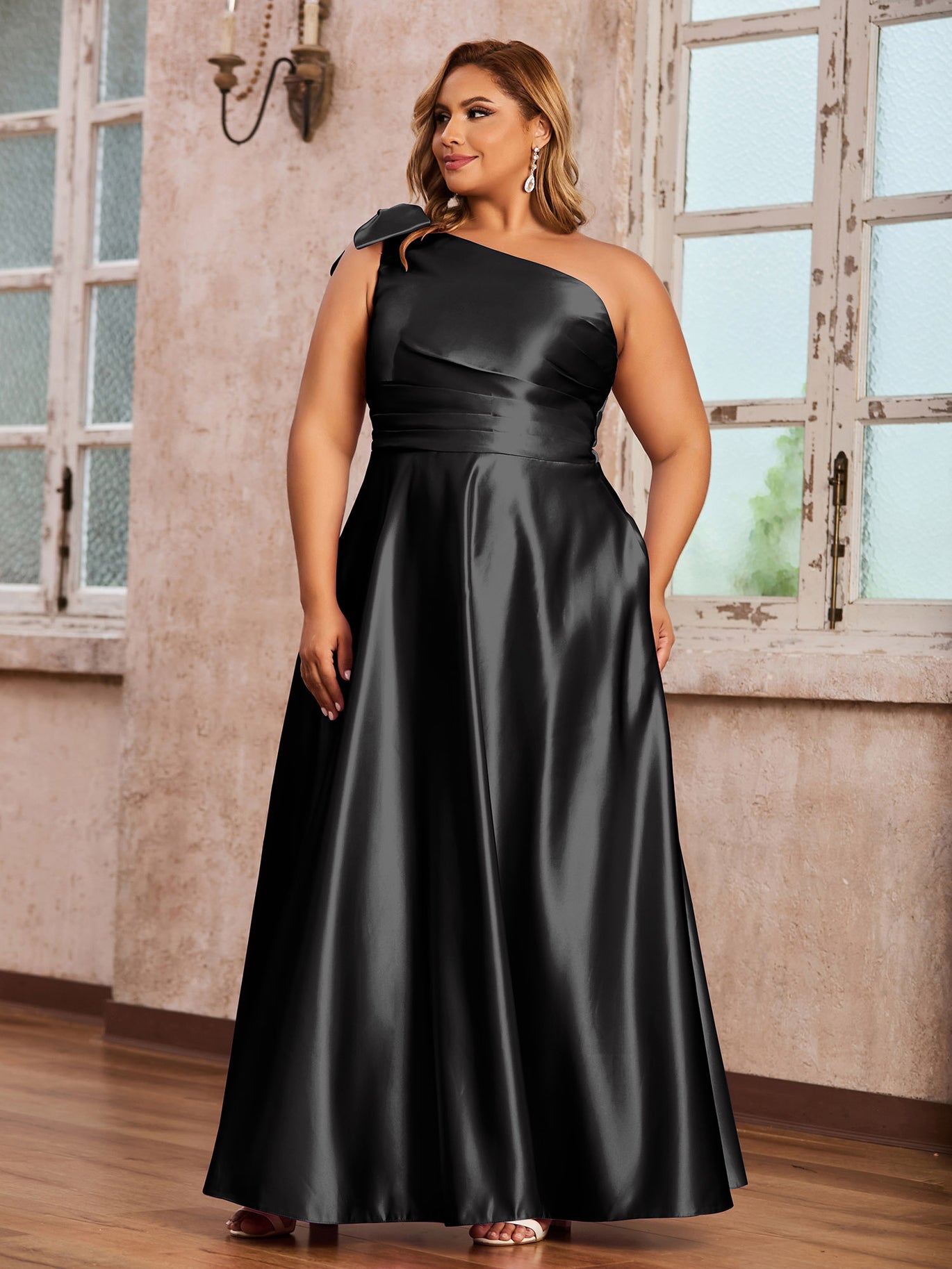 BABARONI Satin Black Bridesmaid Dresses A-line One Shoulder Sleeveless  Floor-length – BABARONI UK