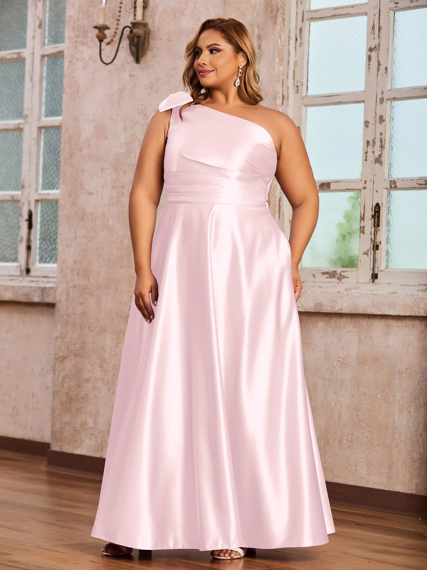 BABARONI Satin Blushing Pink Bridesmaid Dresses A-line One Shoulder  Sleeveless Floor-length – BABARONI UK