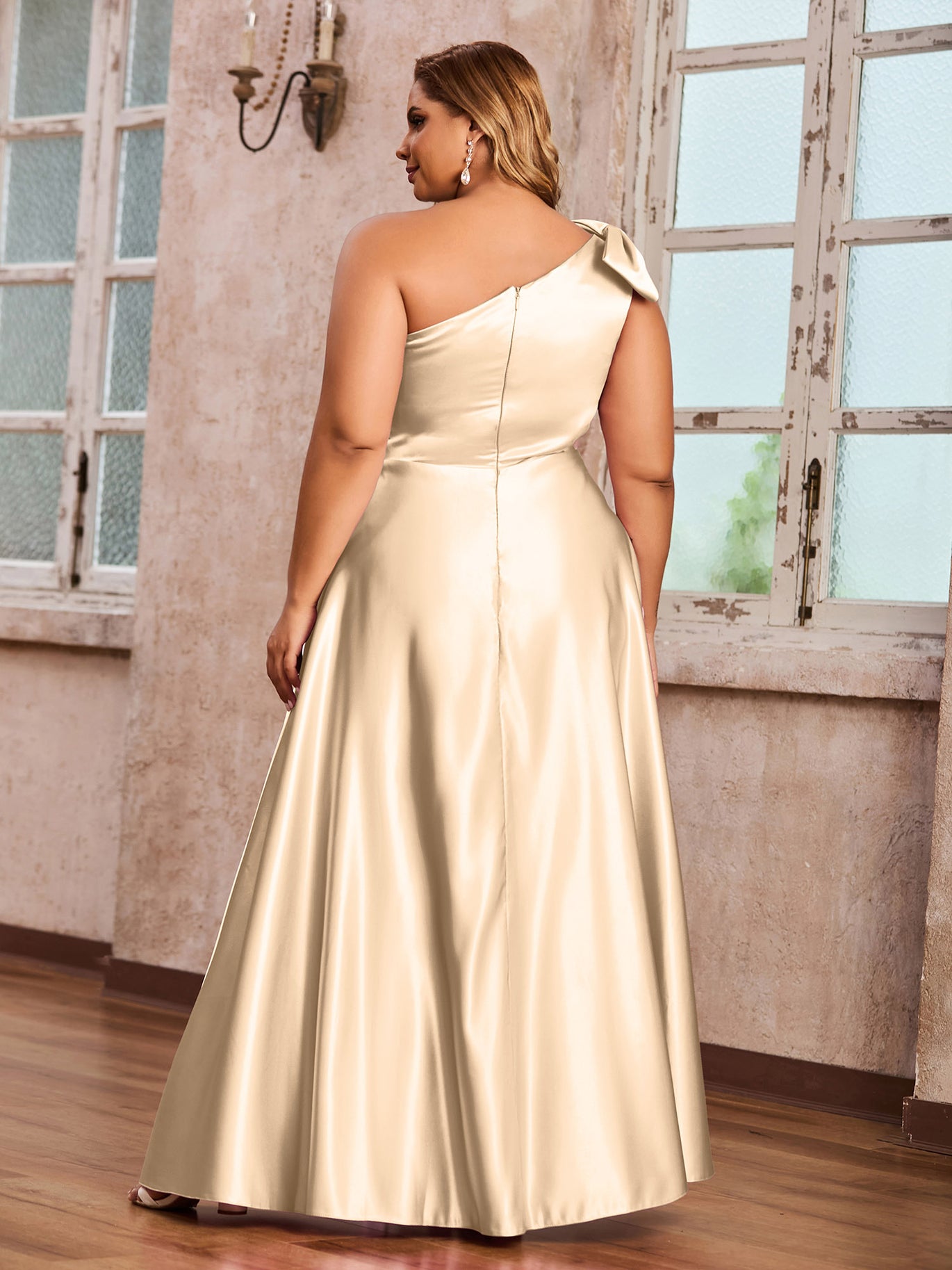 BABARONI Satin Champagne Bridesmaid Dresses A-line One Shoulder Sleeveless  Floor-length  BABARONI UK