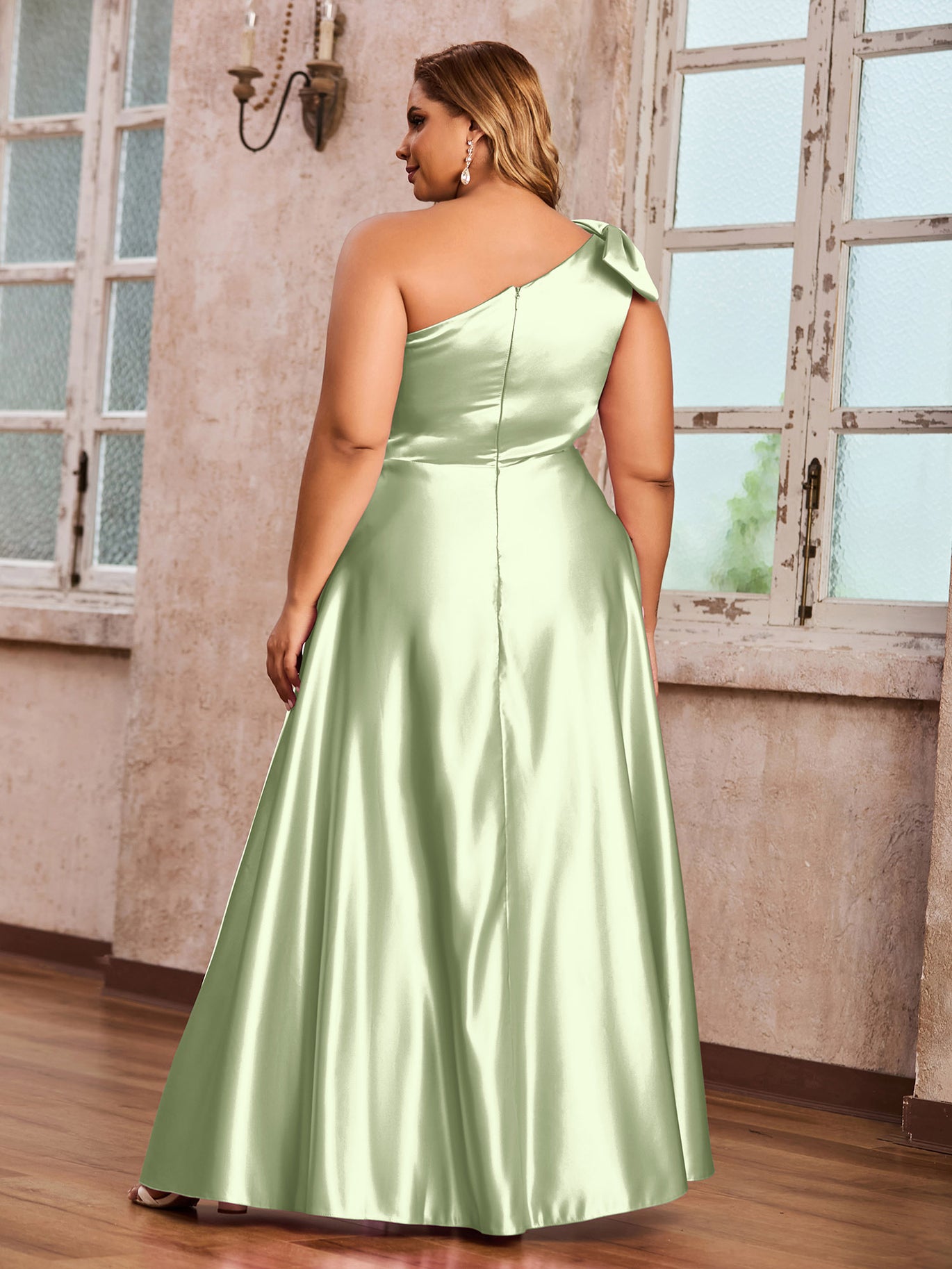 BABARONI Satin Dusty Sage Bridesmaid Dresses A-line One Shoulder Sleeveless  Floor-length – BABARONI UK