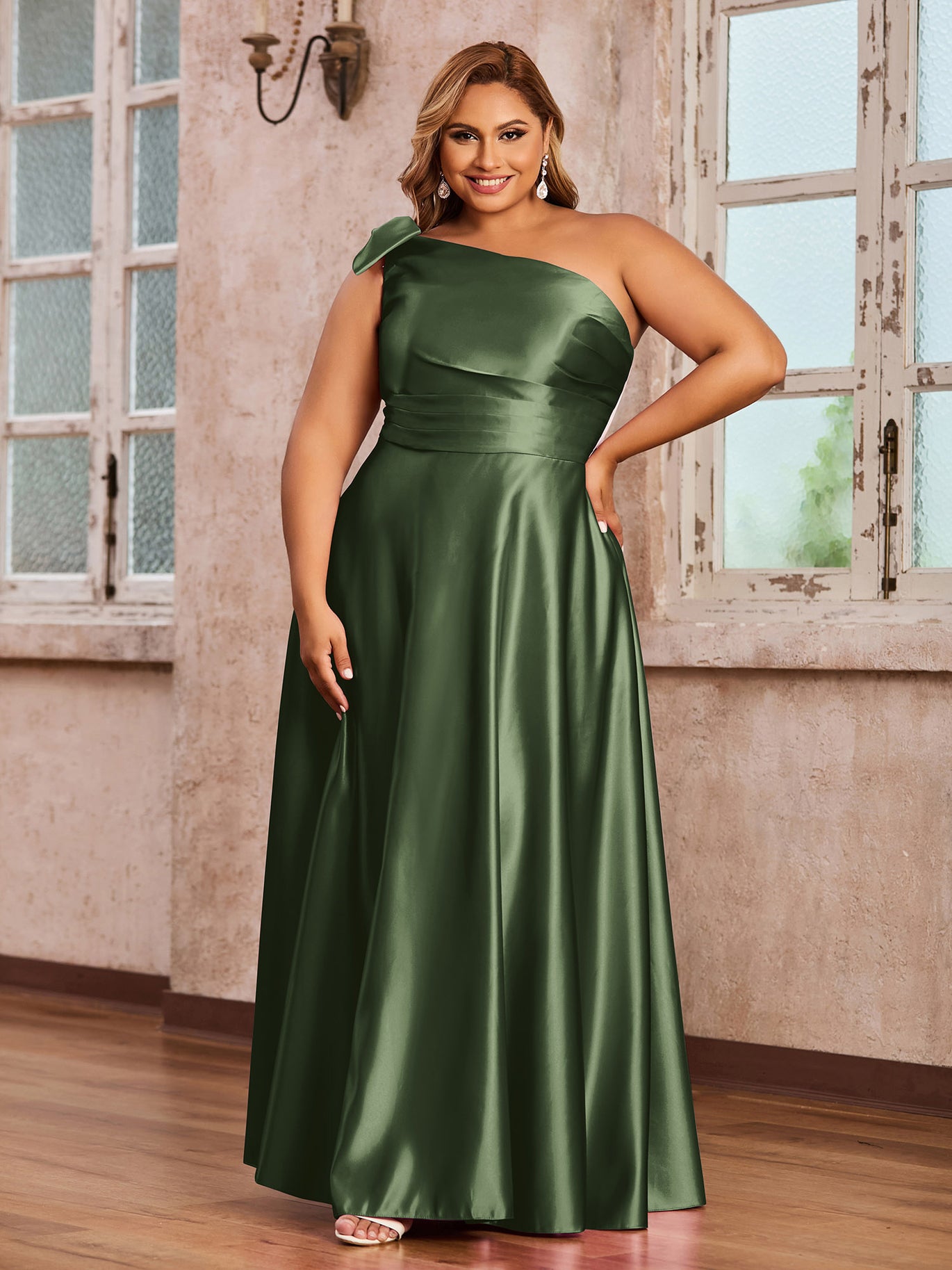 BABARONI Satin Olive Green Bridesmaid Dresses A-line One Shoulder Floor- length Sleeveless  BABARONI UK