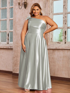 One Shoulder A-line Long Satin Dresses Silver