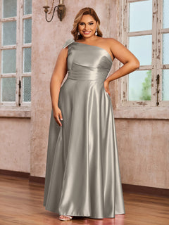 One Shoulder A-line Long Satin Dresses Taupe