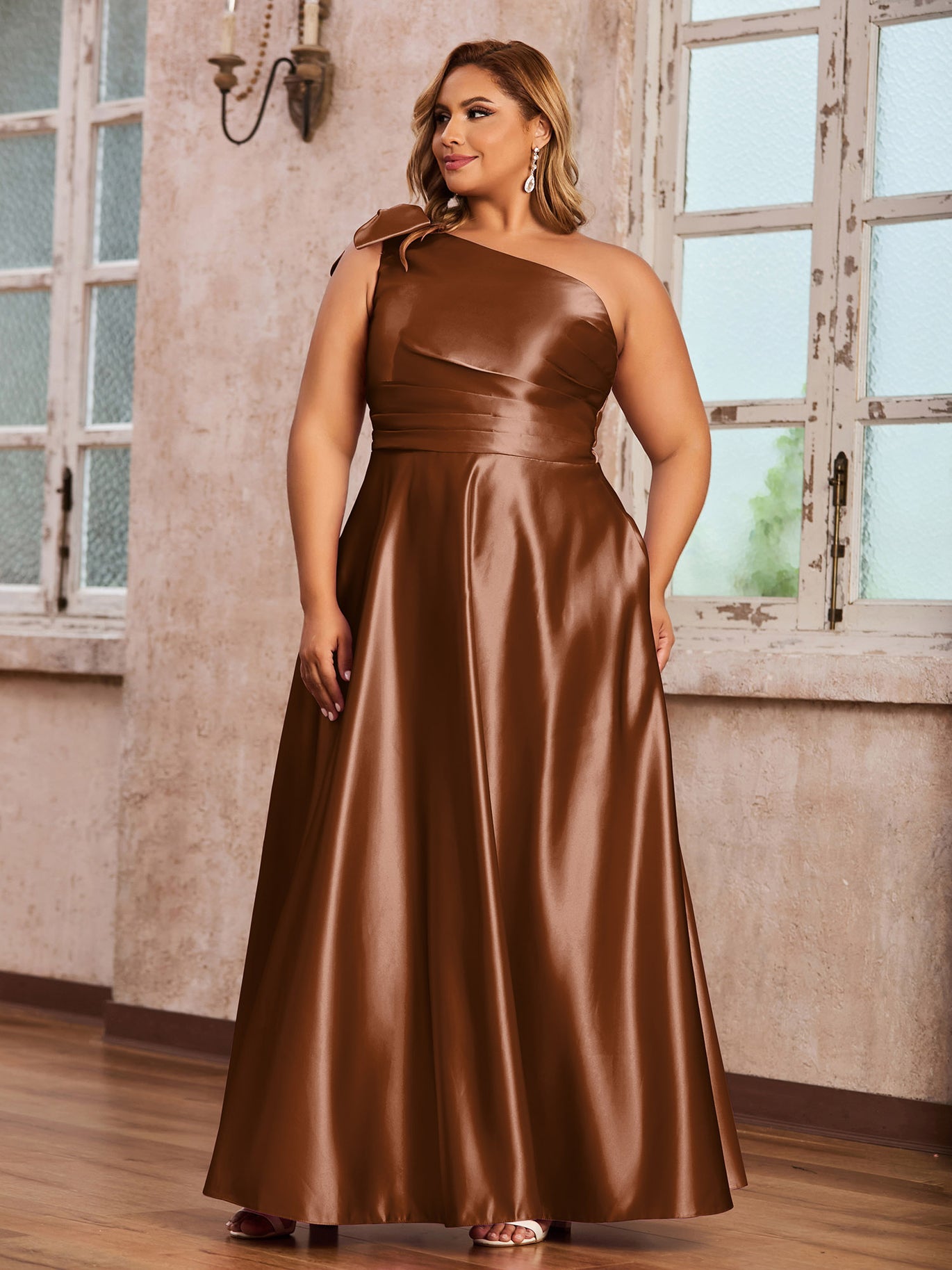 One Shoulder A-line Long Satin Dresses Terracotta