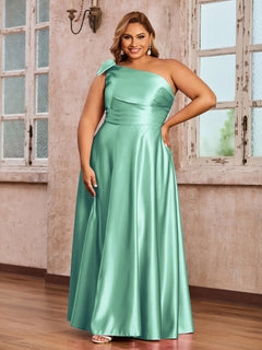 One Shoulder A-line Long Satin Dresses Turquoise