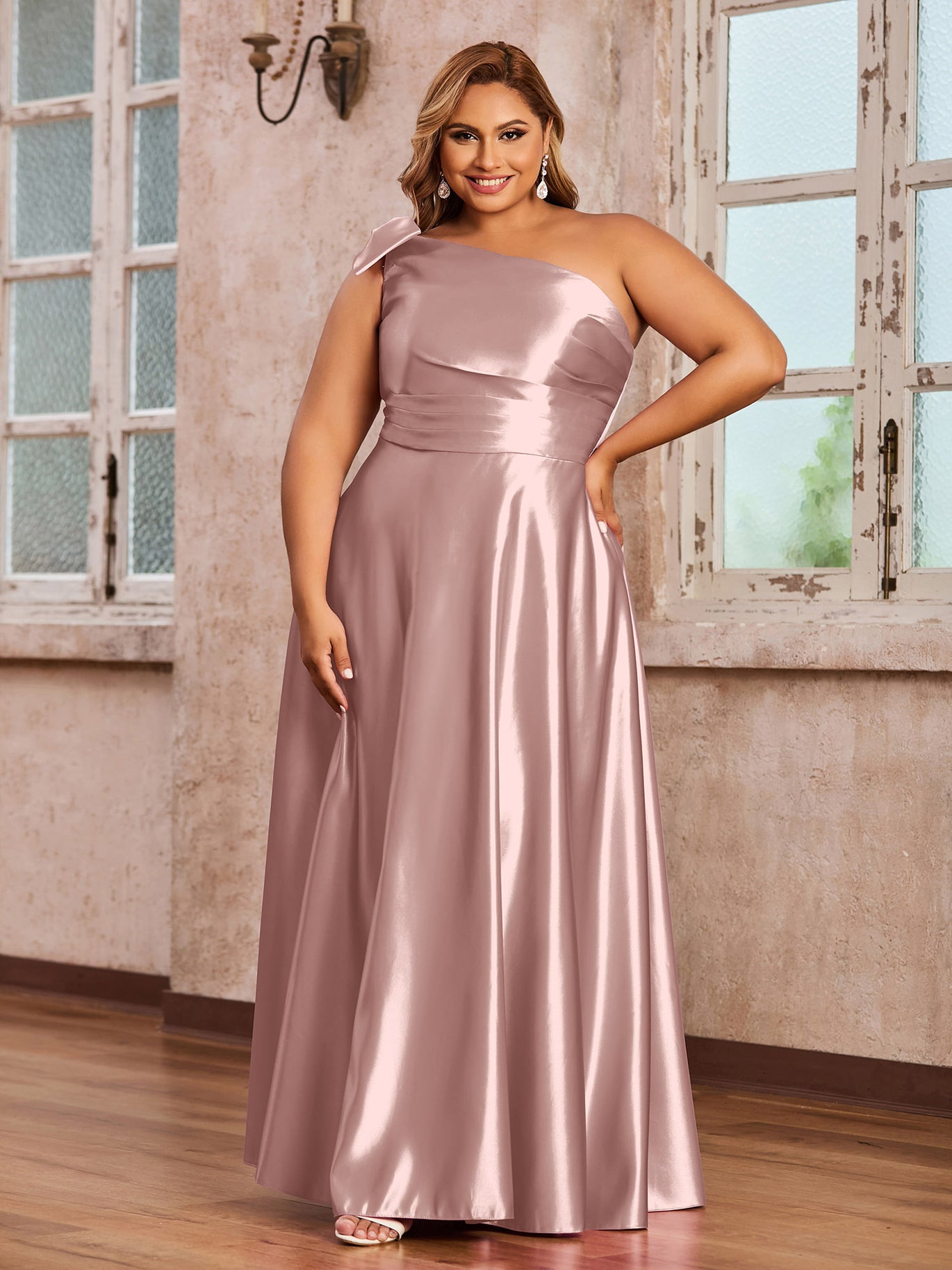 BABARONI Satin Vintage Mauve Bridesmaid Dresses A-line One Shoulder  Sleeveless Floor-length – BABARONI UK