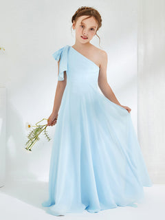 Gorgeous One Shoulder Junior Bridesmaid Dresses with Pleated Sky Blue