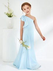 Gorgeous One Shoulder Junior Bridesmaid Dresses with Pleated Sky Blue