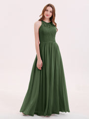 Illusion Neck Gowns with Lace Bodice Olive Green