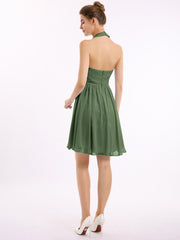 Knee-length Short Chiffon Dress with Halter Neck Olive Green