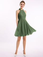 Knee-length Short Chiffon Dress with Halter Neck Olive Green