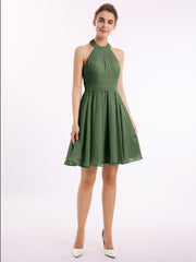 Knee-length Short Chiffon Dress with Halter Neck Olive Green