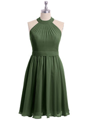 Knee-length Short Chiffon Dress with Halter Neck Olive Green