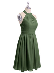 Knee-length Short Chiffon Dress with Halter Neck Olive Green