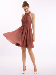 Knee-length Short Chiffon Dress with Halter Neck Terracotta