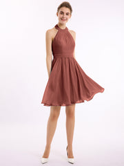 Knee-length Short Chiffon Dress with Halter Neck Terracotta
