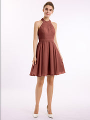 Knee-length Short Chiffon Dress with Halter Neck Terracotta
