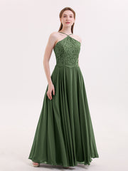 Long Chiffon Dress With Lace Bodice Olive Green