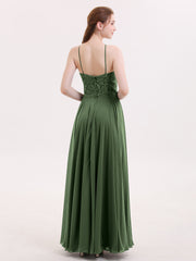 Long Chiffon Dress With Lace Bodice Olive Green