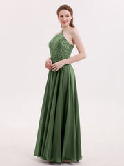 Long Chiffon Dress With Lace Bodice Olive Green