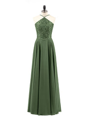 Long Chiffon Dress With Lace Bodice Olive Green
