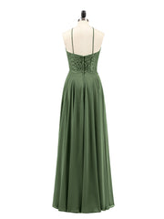 Long Chiffon Dress With Lace Bodice Olive Green