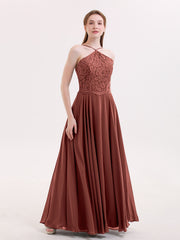 Long Chiffon Dress With Lace Bodice Terracotta